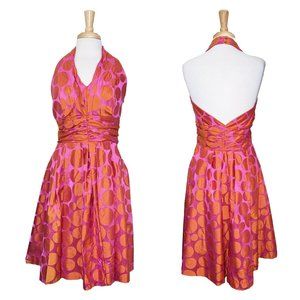 Vint. SARA JANE 100% Silk Dupioni Halter Dress Bright Polka Dot Orange/Fuchsia